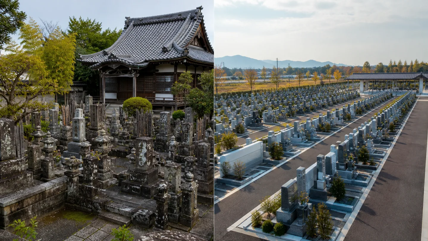 生成りの紙面に濃緑の帯と金の細線をあしらったカバー画像。上に「大石浩之のお寺ノート」、中央に大きな見出しで「寺の墓地と市営霊園の違い｜静岡は墓地の62%が個人経営」、下段に「ATAWI TEMPLE｜磐田市の寺院データベース」と日付「2026.08.24」が並ぶ。