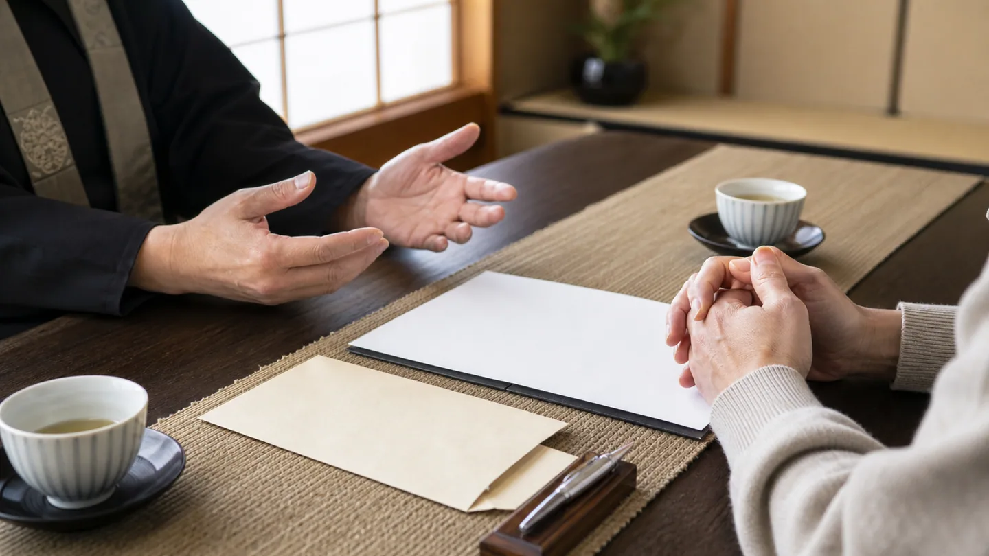 生成りの紙面に濃緑の縦帯と金の細線をあしらったカバー画像。上に「大石浩之のお寺ノート」、中央に大きな見出しで「離檀料に決まりはあるのか｜磐田の相談で必ず出る2つの確認」、下段に「ATAWI TEMPLE｜磐田市の寺院データベース」と日付「2026.08.25」が並ぶ。