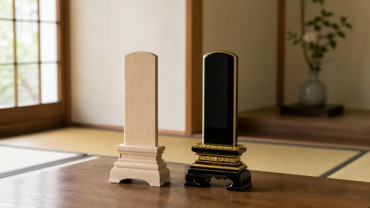生成りの紙面に濃緑の縦帯と金の細線をあしらったカバー画像。上に「大石浩之のお寺ノート」、中央に大きな見出しで「白木の位牌と本位牌の違い｜49日までに作り替え」、下段に「ATAWI TEMPLE｜磐田市の寺院データベース」と日付「2026.08.28」が並ぶ。