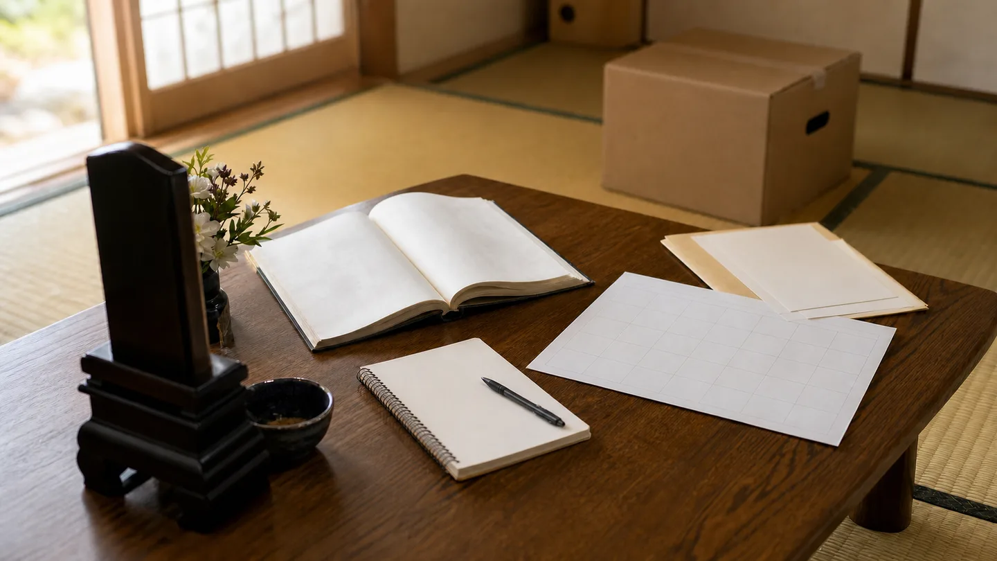畳の部屋にある低い木の机へ、文字のない位牌、開いた過去帳、空欄の月間表、ノート、住まいの書類を思わせる無地の紙を並べ、奥に実家の片づけを示す段ボール箱を置いた写真調のイメージ。位牌と過去帳の没年を確認し、2026年の年回忌と実家売却の日程を照らし合わせる場面を表している。