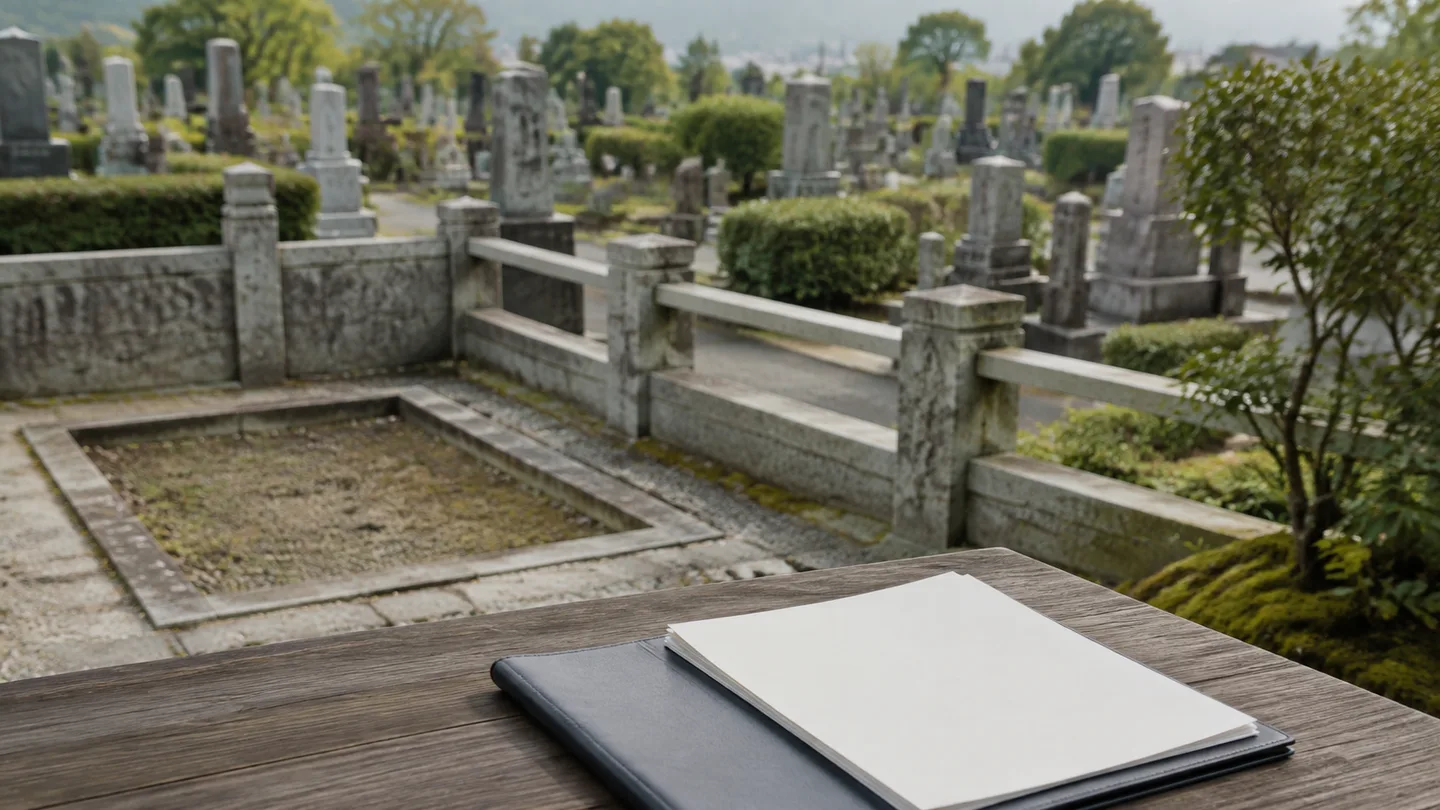墓地の背景をぼかし、手前の木の机に無地の書類ファイルを置いて、墓地の区画を返す手続きと遺骨の行き先を決める手続きを分けて考えることを表した横長の写真調イメージ