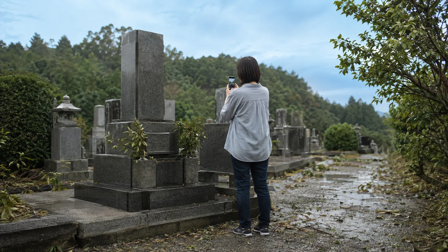 台風通過後の雨にぬれた無名の寺院墓地で、落ち葉の残る通路から家族が直立した墓石と石の継ぎ目をスマートフォンで記録している横長の写真調イメージ