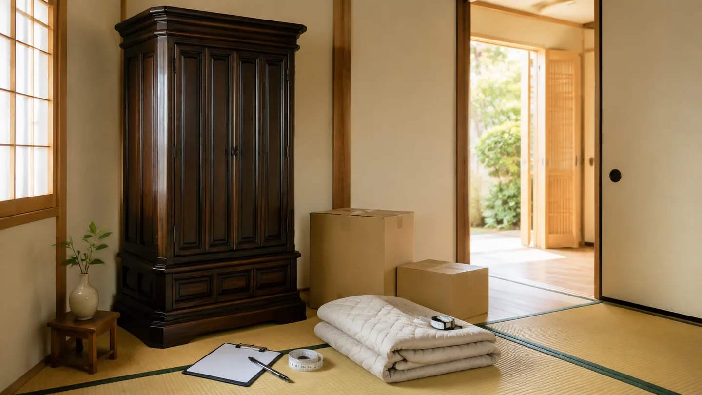 畳の部屋に扉を閉じた木製仏壇、梱包用の布、巻尺、白紙の確認表、無地の箱を並べ、搬出経路となる戸口まで写した仏壇の引っ越し準備を表す写真調の生成画像。