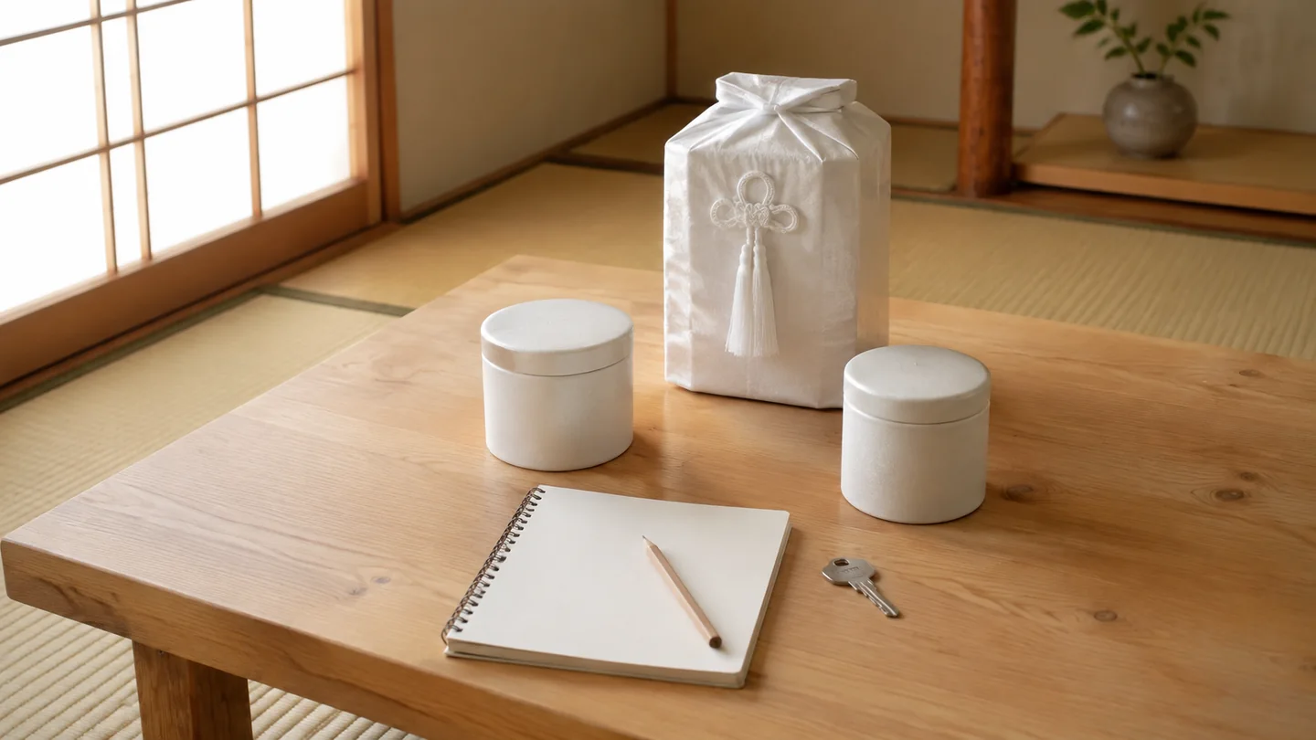 畳の部屋の木製机に、白布で包んだ一つの骨壺と、分骨先を表す二つの小さな白い容器、白紙のノート、鉛筆、実家の鍵を並べ、改葬と分骨を決める前の確認を表した写真調の生成画像。